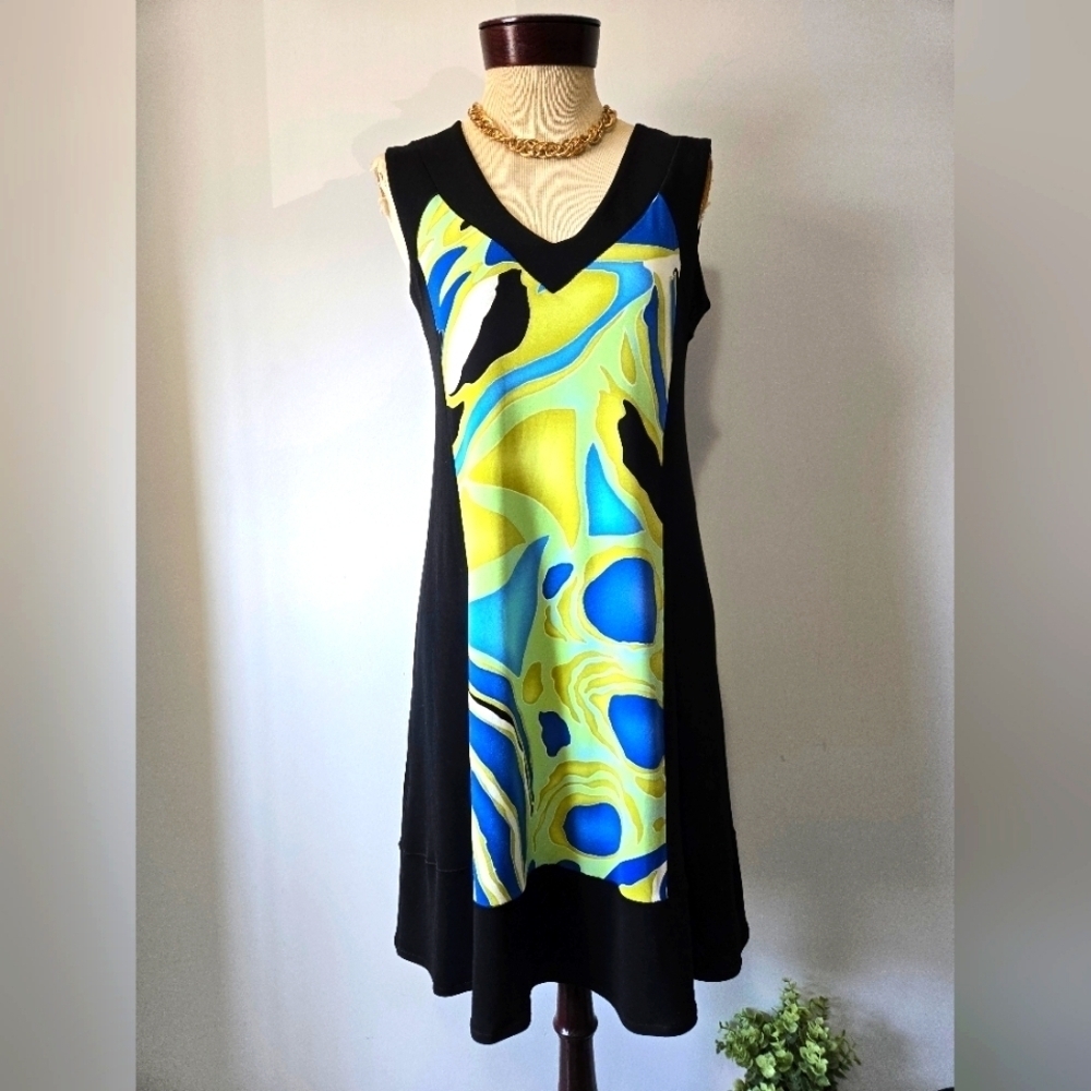 EVA VARRO Black Panel Midi Dress With Blue/ Green/ Yellow Print. Size Medium